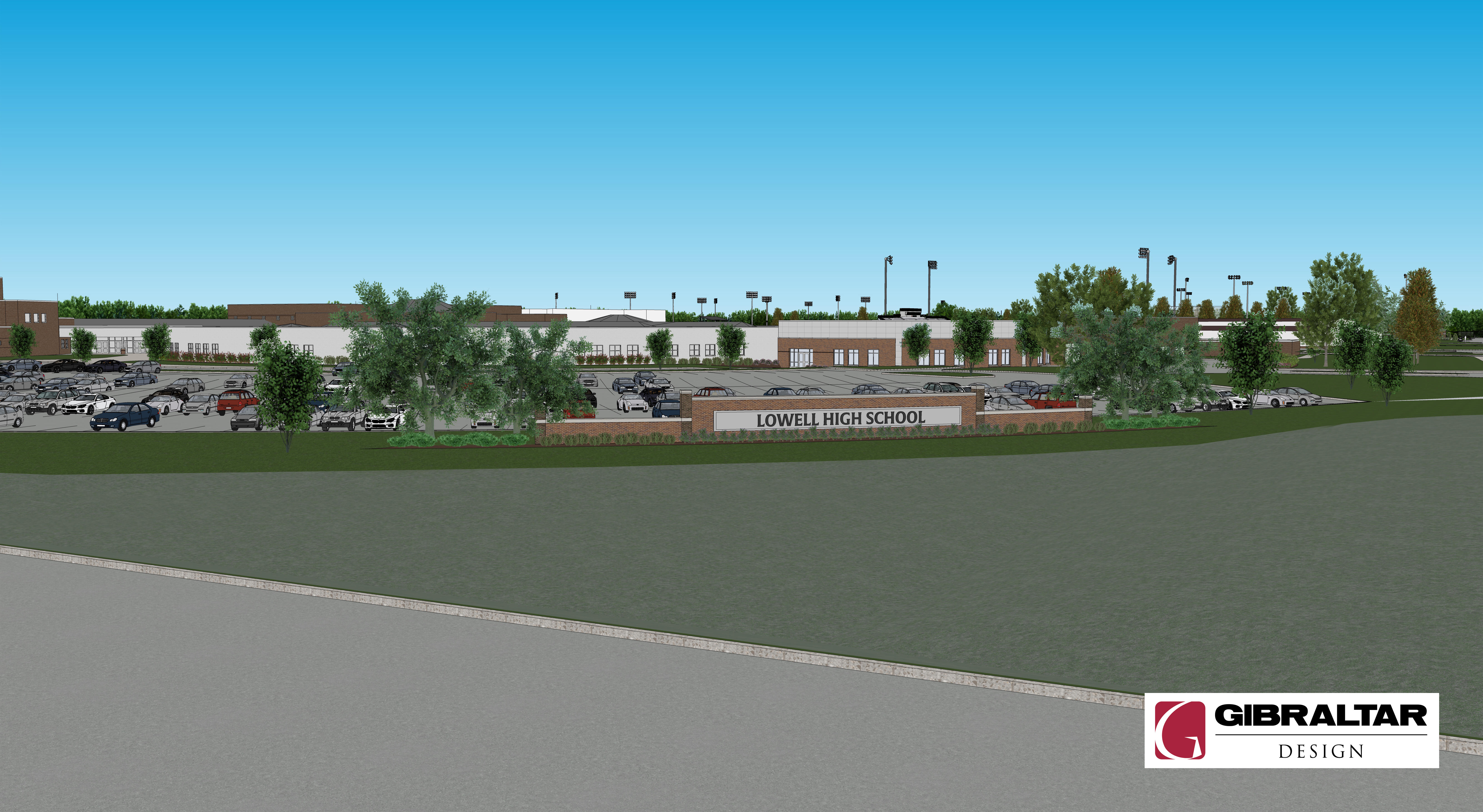 Image of new high school front lot rendering with new sign